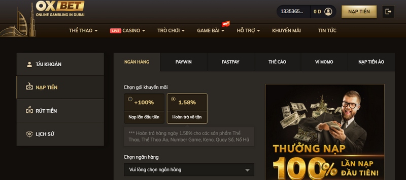 Siêu nhiều phương thức nạp tiền OXBET đang hỗ trợ